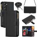 iCoverCase for Samsung Galaxy S23 Wallet Case with Card Holder, Kickstand Feature PU Leather Case with Adjustable Crossbody Lanyard Magnetic Clasp Zipper Pocket Flip Cover (Black)
