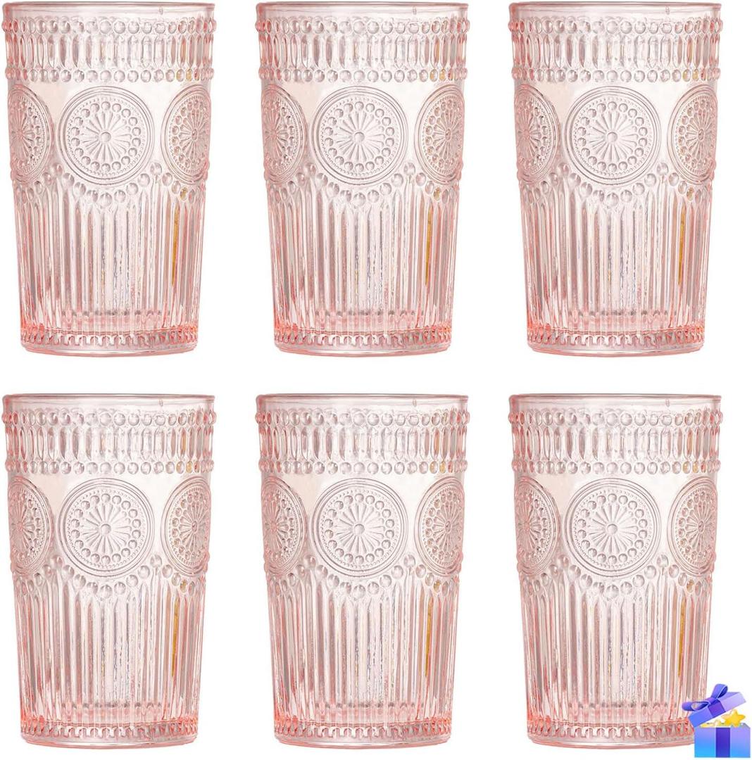 Vintage Glassware Romantic Drinking Glasses - 12 OZ Pink Glassware Embossed Glasses Drinking Set of 6 - Perfect Glass cups for Coffee, Cocktails, and Beverages, Ideal for Gifting