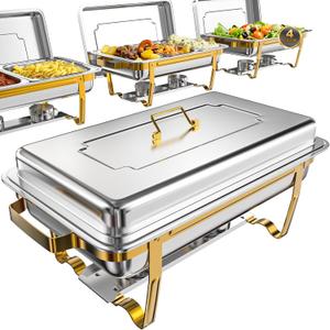 9Qt 4 Pack [Multiple Food Pans] Chafing Dishes for Buffet | Chafing Dish with 80% Faster [Screwless Assembly] and Stackable Design [Easy to Store] for Wedding/Party (Gold)