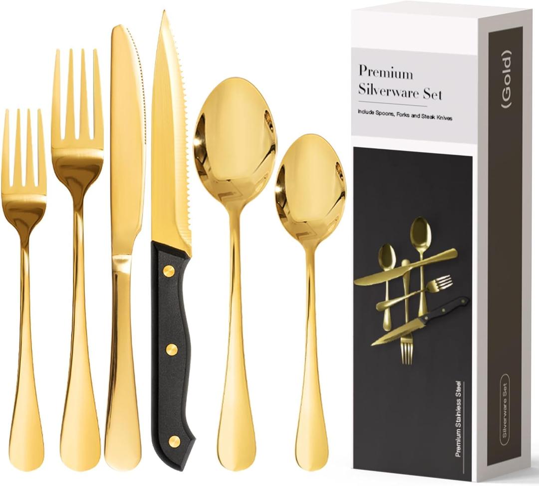 Astercook 49-Pieces Gold Silverware Set with Steak Knives, Tableware Set for 8 - Great Food-Grade Stainless Steel Gold Flatware Set, Mirror-Polished Dining Utensil Set Perfect for Home & Restaurant
