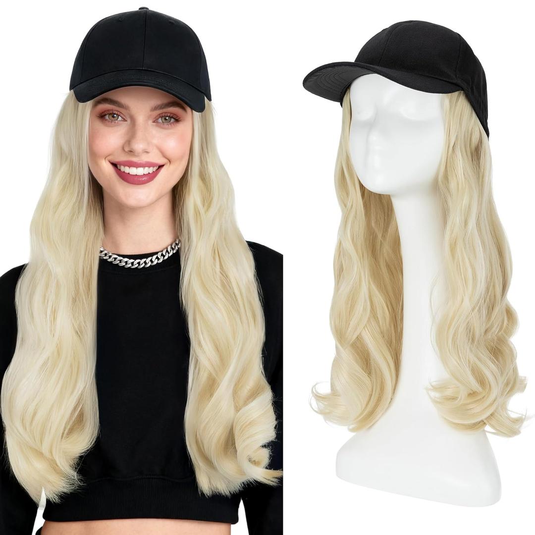 S-noilite Hat Wig for Women, Baseball Cap Wig with Long Wavy Hair Extensions Attached Adjustable Synthetic Hat Wigs, 16 inch Bleached Blonde