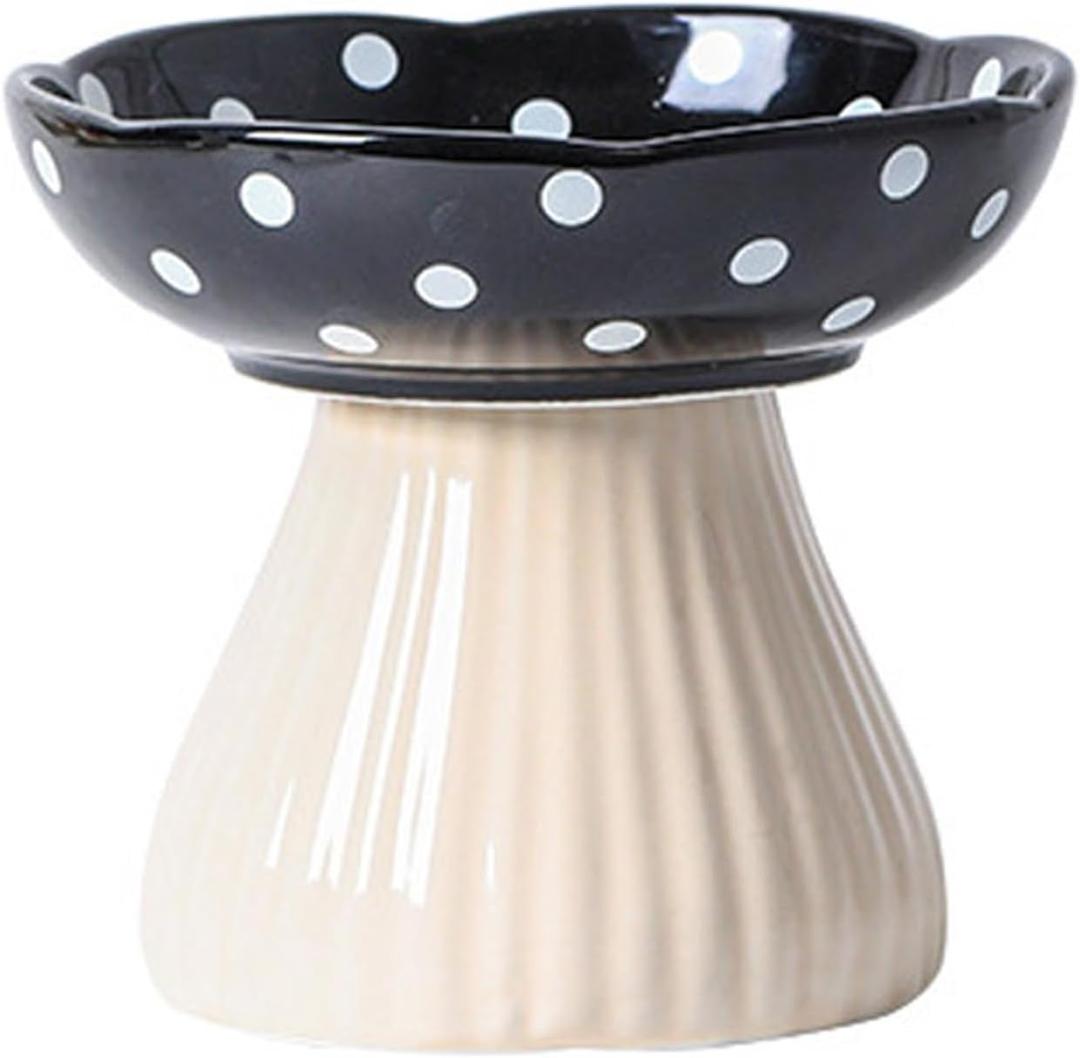 Elevated Mushroom Cat Bowls Ceramic, Raised Cat Bowls for Indoor Cats, Cute Whisker Fatigue Cat Bowl, Raised Dog Bowl Stand for Food and Water, Black 6" Wide for Adult Cats