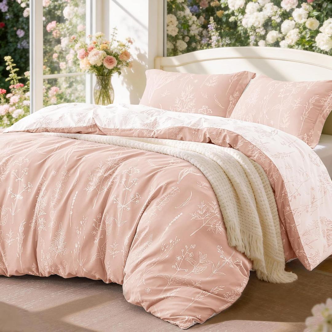Love's cabin Dusty Rose Pink King Size Comforter Set - King Comforter Set, 3 Pieces Cute Floral Bedding Sets for All Seasons,1 Soft Reversible Botanical Flowers Comforter and 2 Pillow Shams