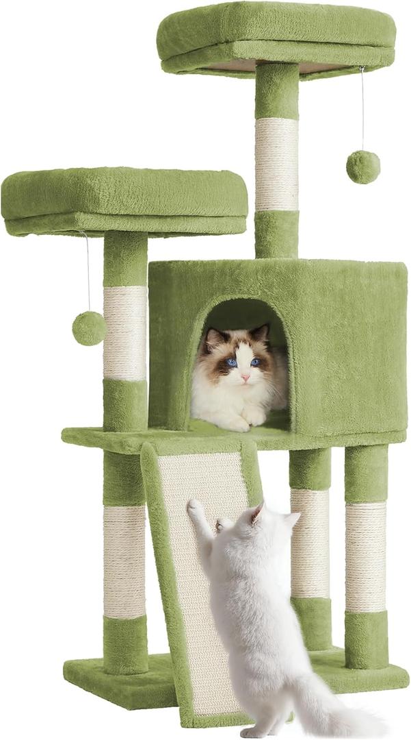 Feandrea Cat Tree, 45.3-Inch Cat Tower, Plush Condo with Scratching Post, Ramp, Perch, Spacious Cave, for Small Space, Grass Green UPCT141C01