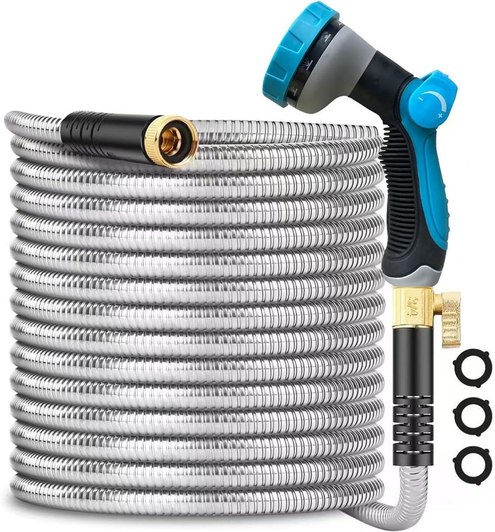 Metal Garden-Hose 200Ft Stainless Steel Water Hose Heavy Duty with 10 Way Nozzle-Flexible Lightweight Durable No Kink & Tangle，Strong 3/4’’ Solid Metal Fitting Shut-Off Valve for Outdoor Yard