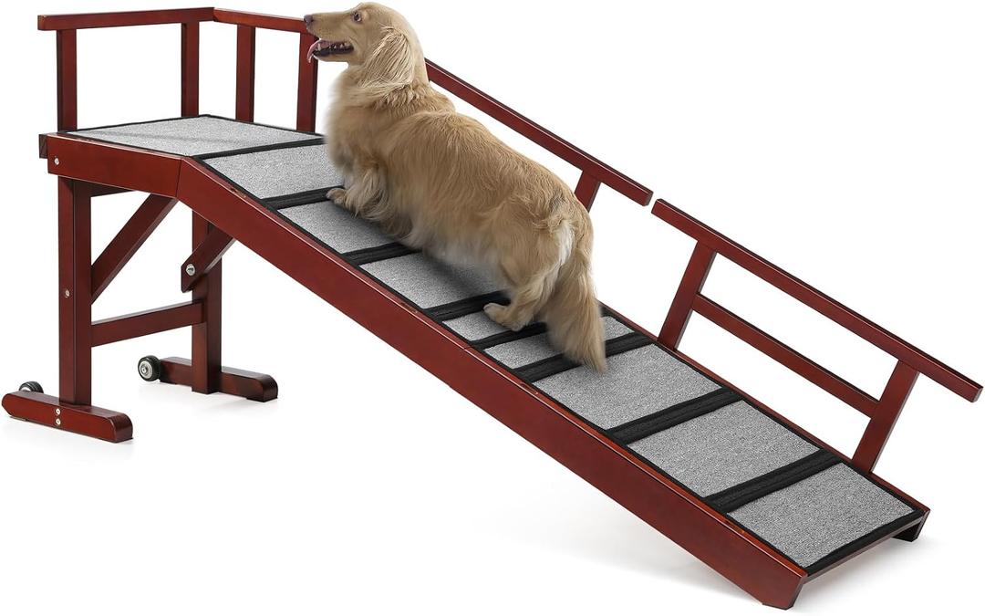 Dog Ramp for Bed or Couch, Wooden Pet Ramp with 20 Gentle Slope, Removable Side Rails, Non-Slip Surface, Top Platform & Wheels, Safe Bed Ramp for Small, Large & Senior Dogs, 60" Long, Mahogany