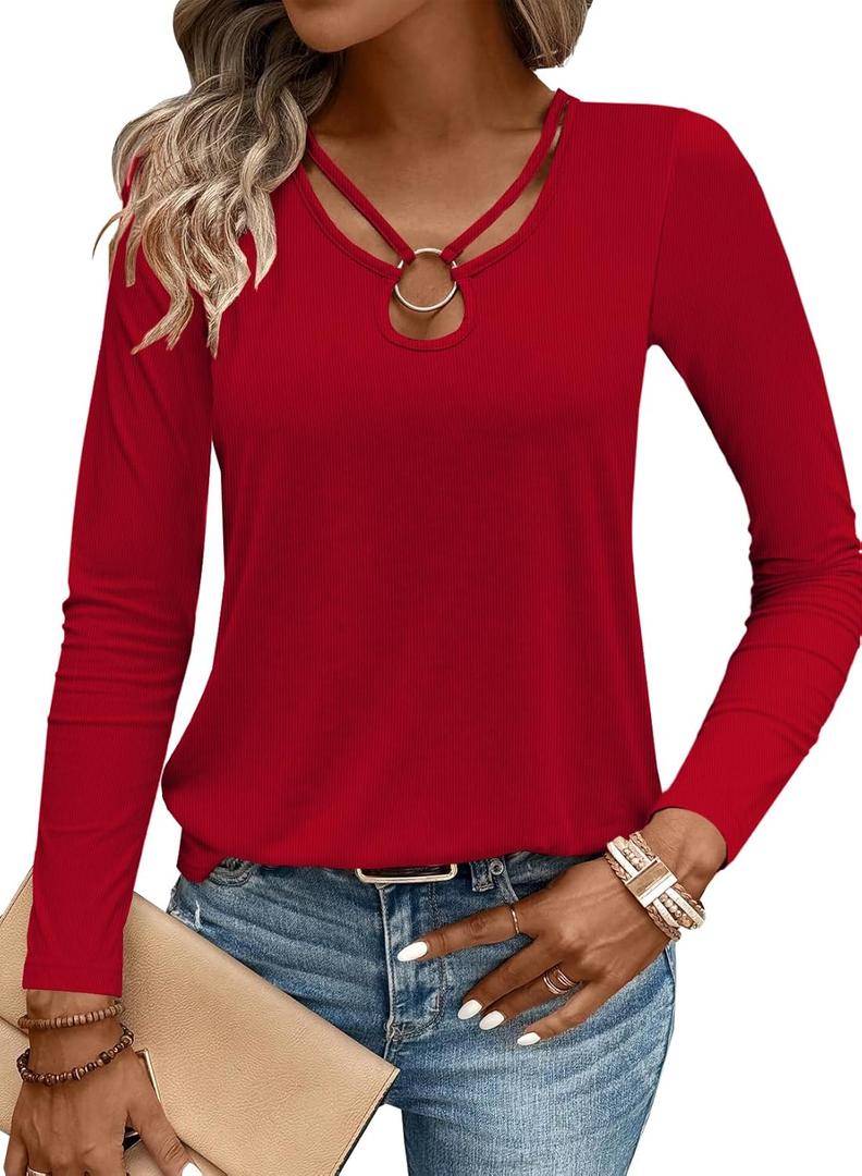 LOLONG Womens Long Sleeve Shirts Spring 2026 Sexy Tops Ribbed Knit Cut Out Ring Keyhole Neck Casual Tees (Large, Red)
