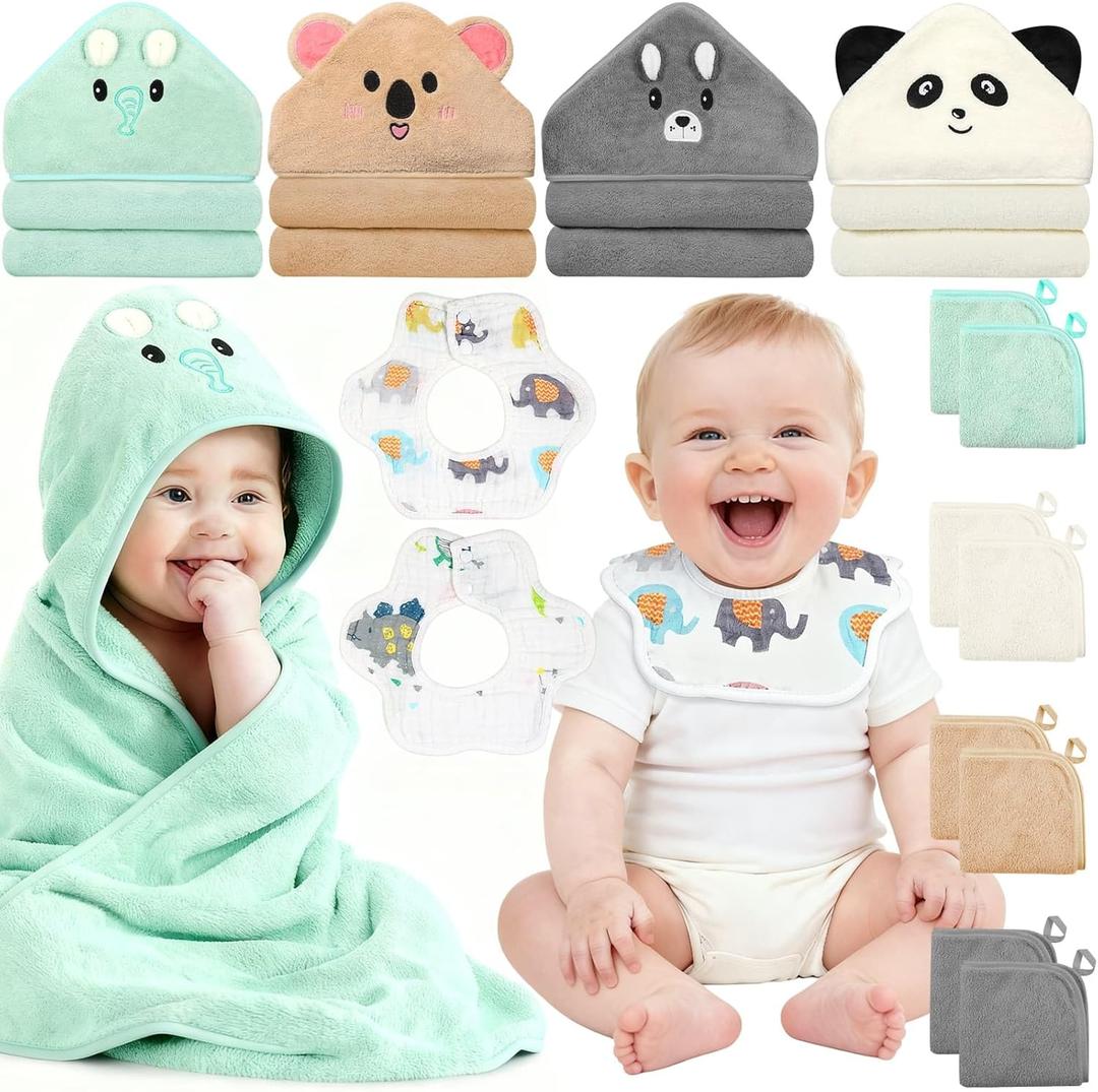 14 Pcs Baby Towels Washcloths and Baby Bibs Set, 4 Pcs 32x32 Hooded Bath Towel, 8 Pcs Baby Washcloths and 2 Pcs Cotton Baby Bibs for Newborns, Toddlers and Kids, Soft Baby Towel Set for Boys and Girls (Elephant & Panda & Bear & Koala-14pcs)