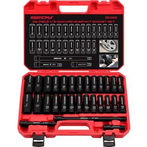 29-Piece 1/2" Drive Impact Socket Set, SAE (3/8 to 1 inch) and Metric (10-24mm) Sizes with Extension Bars Standard Deep Socket Set CR-V Material High Durability Impact Wrench