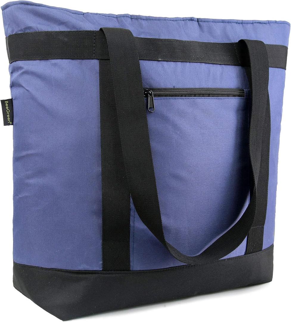 BeeGreen Cooler Bag Soft Leakproof Insulated Tote with Zipper for Beach Travel Grocery (Navy Blue)