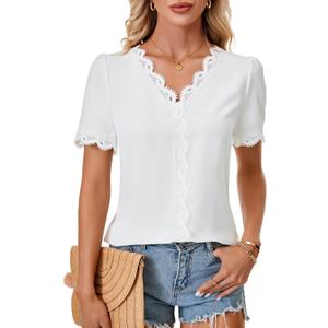Rooscier Women's Lace Short Sleeve V Neck Casual Office Work Tunic Shirt Top (White, S)
