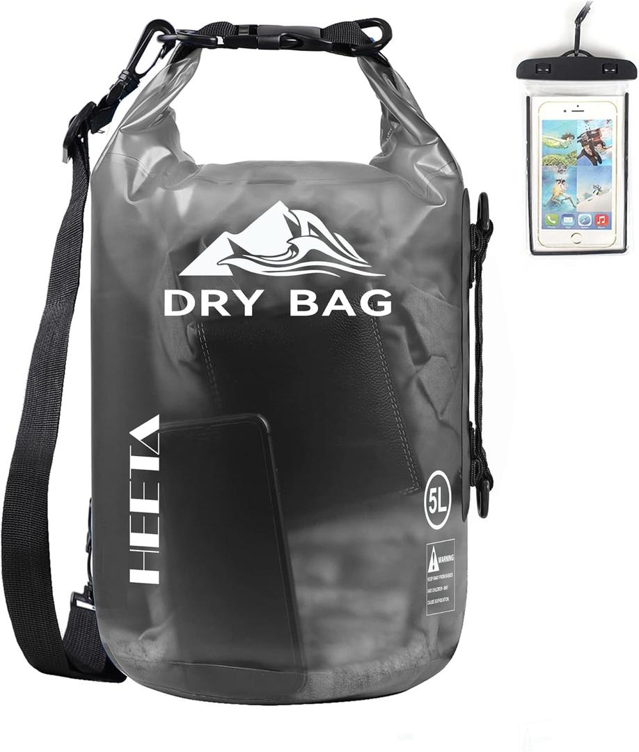 HEETA Dry Bag Waterproof for Women Men, 5L/10L/20L/30L/40L Roll Top Lightweight Dry Storage Bag Backpack with Phone Case for Travel, Swimming, Boating, Kayaking, Camping & Beach, 11 Transparent Colors (Black)