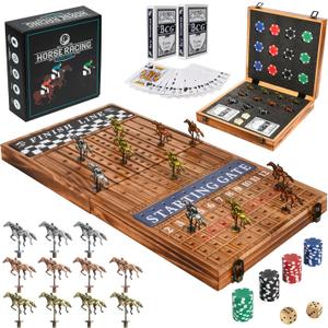 Horse Racing Board Game - 23"x12" - Derby Classic Horse Race Game with 11 Metal Horses - Foldable Wood Horse Game with Dice, Premium Chips & 2 Packs of Cards - Rustic Brown