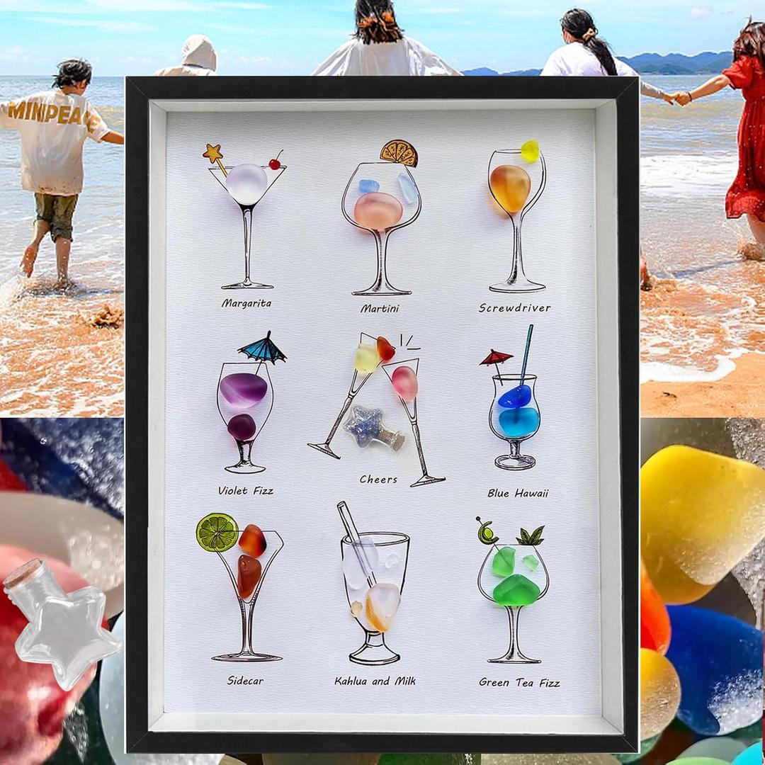 MEAKEO Sea Glass Cocktail Wall Art with Frame,Handmade Seaglass Wine Glass Art,Beach Glass Friendship Gift for Home Decor,and Gift Ideas