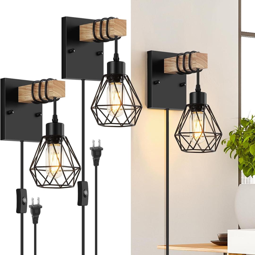 Plug in Wall Sconces Set of Two, Vintage Wood Wall Lamps with Plug in Cord, Farmhouse Wall Light Fixture with 5.25FT On/Off Switch Cord, Indoor Wall Lamp for Bedroom Living Room (Black)