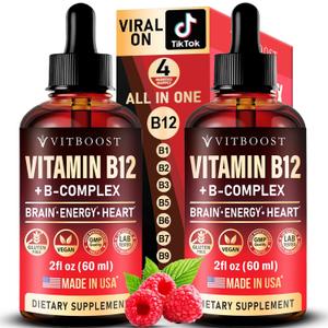 2 Pack Vitamin B Complex 20000 mcg - Vitamin B12 Sublingual Methylcobalamin Extra Strength Raspberry Liquid Drops for Women and Men - USA Made, B1, B2, B3, B5,B6, Biotin, Folic Acid | 4fl oz (120ml)