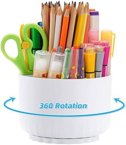 Marbrasse Desk Organizer, 360-Degree Rotating Pen Pencil Holder, Desk Organizers and Accessories with 5 Compartments Pencil Organizer, Art Supply Storage Box Caddy for Office, Home (White)
