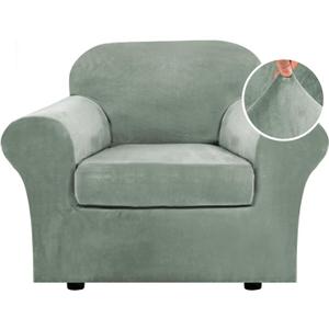 H.VERSAILTEX Rich Velvet Stretch 2 Piece Cover Chair Slipcover Sofa Cover Furniture Protector Couch Soft with Elastic Bottom Chair Couch Cover with Arms Width Up to 49 Inch (Chair, Sea Grass)