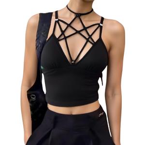 SOLY HUX Gothic Tops for Women Criss Cross Crop Tops Y2K Rave Concert Outfit with Choker Emo Scene Alternative Clothes (Small, Pure Black)
