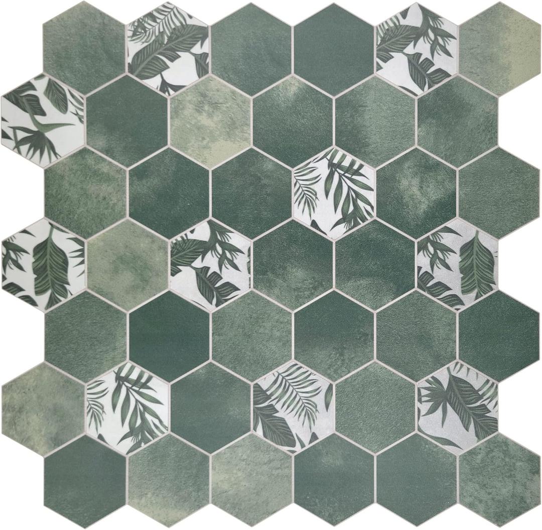 The Tiles Plaza 10-Sheet Peel and Stick Backsplash, Green Cement Hexagon Stone Composite Marble Looks Self Adhesive Wall Tile, Stick On Tiles for Kitchen Bathroom Shower, Cover 9 Sq Ft. (11.3" x 11.4")