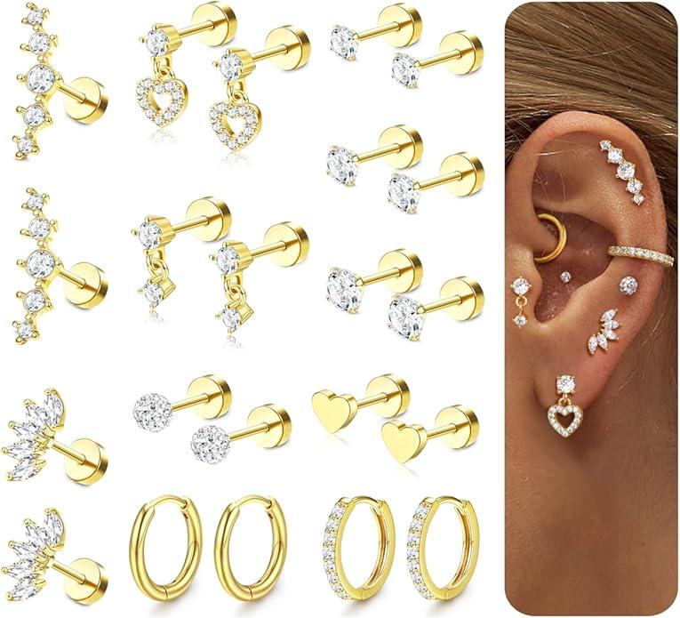 Helix Piercing Jewelry Flat Back Cartilage Earrings for Women - Hypoallergenic Surgical Stainless Steel Gold Stud Hoop Cartilage Helix Earring Set Daith Tragus Conch Flat Back Stud Earrings Single