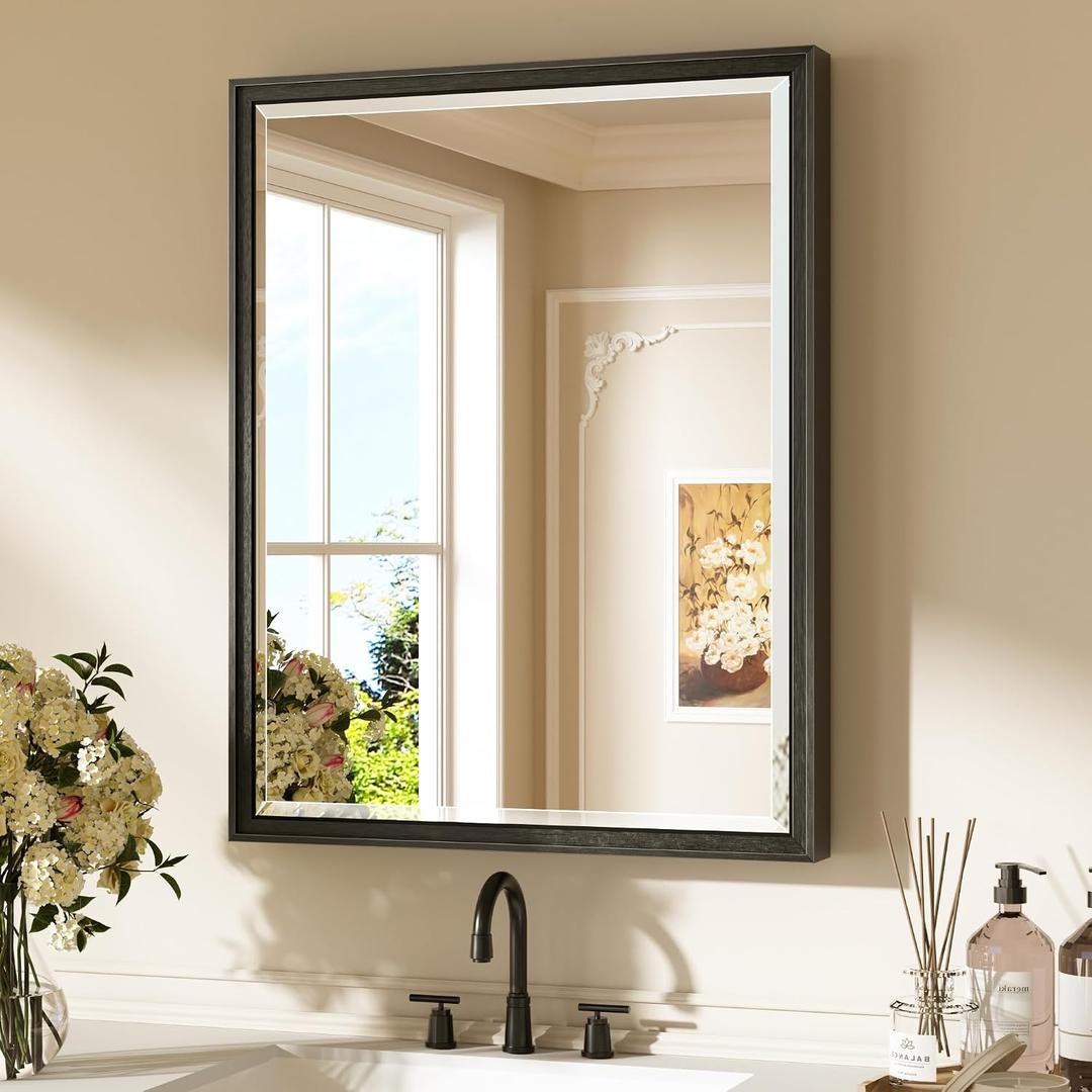 Keonjinn 24" x 30" Black Bathroom Vanity Mirror, Black Metal Framed Mirror with Beveled Edge, HD Tempered Glass, Shatterproof, Retro Rectangular Wall Mirrors Square Corner, Hallway, Entryway Decor