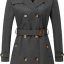 CREATMO US Women's Trench Coat Double-Breasted Classic Lapel Overcoat Belted Slim Outerwear Coat with Detachable Hood (Grey, S)