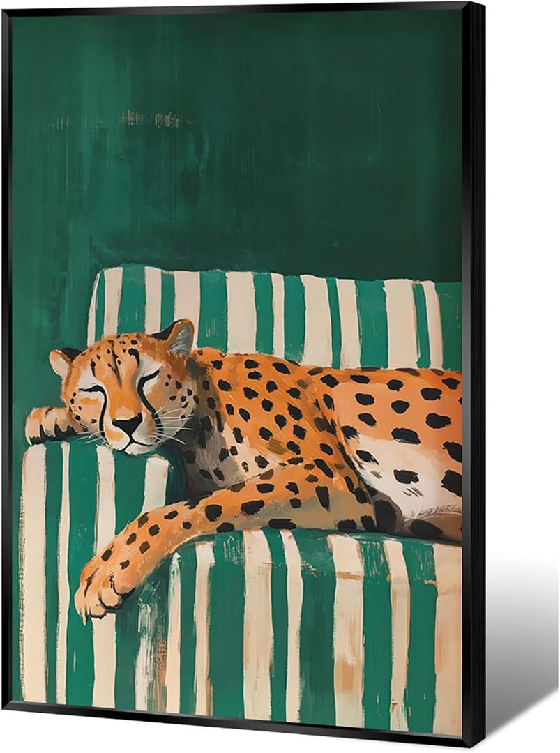 Maximalist Cheetah Wall Art Vintage Emerald Green Decor Poster Funny Sleepy Leopard Canvas Print Trendy Animal Pictures Aesthetics College Dorm Living Room Apartment 16x24 Inch Metal Black Frame
