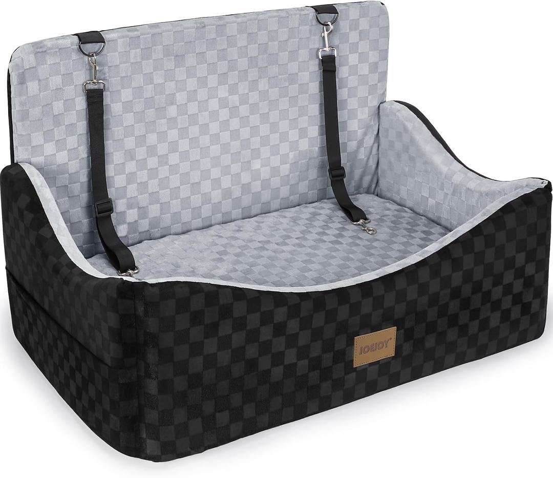 JOEJOY Dog Car Seat for Medium/Large Dogs - Reversible Dual-Sided Travel Dog Car Bed with Memory Foam, Washable Pet Booster Seat for Dogs up to 55 lbs or 2 Small Dogs, 2 Safety Leashes, Grey