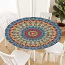 KSLIDS Round Fitted Tablecloth with Elastic Edge Mandala Blue Boho Picnic Table Cover Colorful Bohemian 70S Rustic Waterproof Wipeable Table Cloth Fit 40"-44" Tables for Outdoor,Patio,Camping,Dinner
