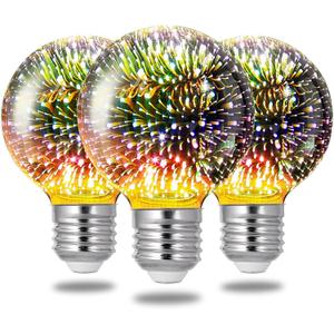 Porseme 3D Fireworks Decorative Light Bulb, E26 Base, 4W, AC100-240V, Glass Bulbs with Soft Warm Light, Shiny Decor for Home, Bedroom, Party (Included 3-Pack G80 Bulbs)
