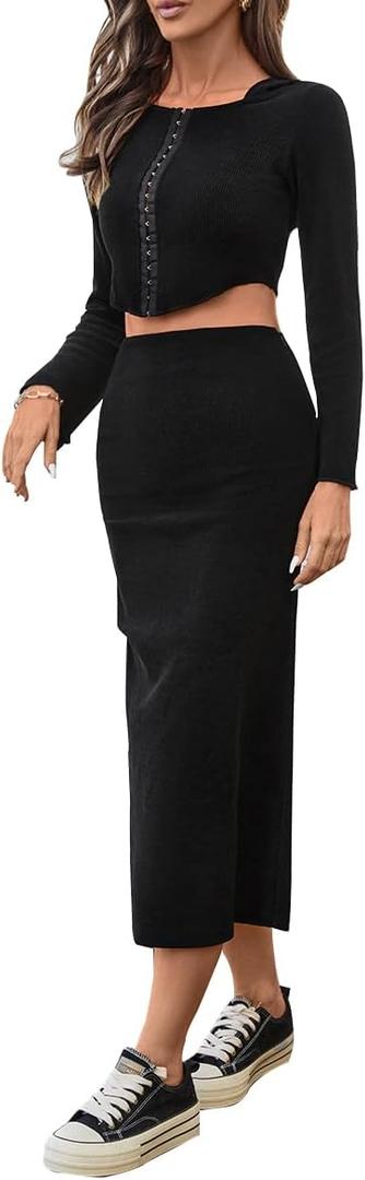 olrain Y2K Women 2 Piece Outfits Long Sleeve Boat Neck Crop Top High Waist Slit Bodycon Skirt Sets Ribbed Knit Spring Fall (Black, Small)