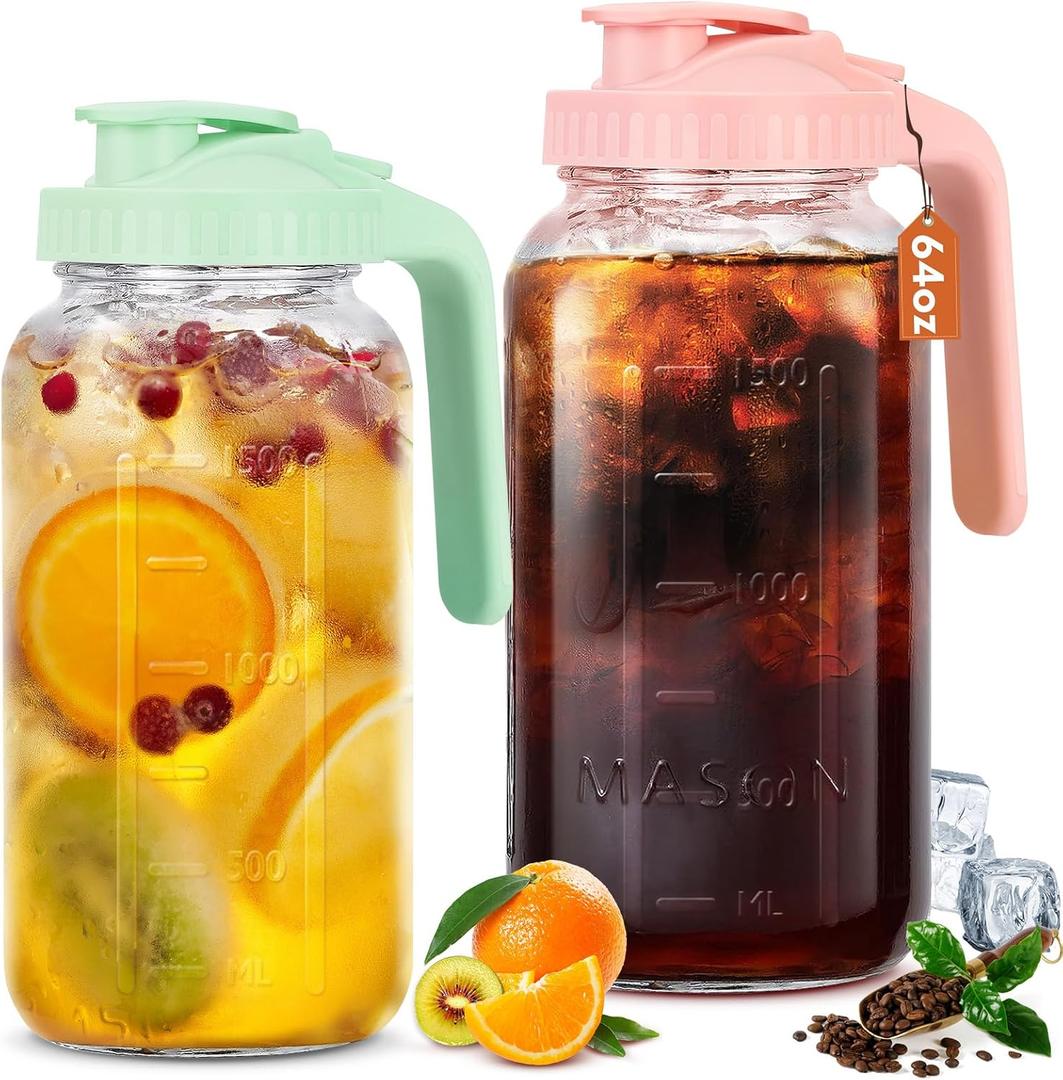 Glass Pitcher with Lid, 64 OZ Mason Jar Pitcher Double Leak Proof, 2 Quart Breast Milk Storage Containers for Fridge, Wide Mouth Glass Jar for Sun Tea, Juice, Cold Brew Coffee (Pink+Green)