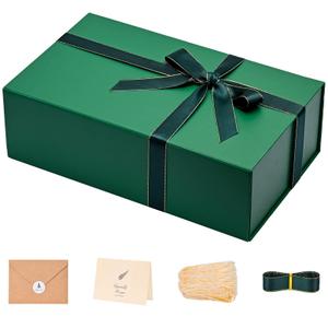 LIFELUM Green Gift Box for Presents 1 Pack 13.85 x 8.35 x 4.45 inch Big Decorative Large Gift Box for Clothes with Magnetic Lids Luxury Accessories Card, Ribbon, Filler,Sticker