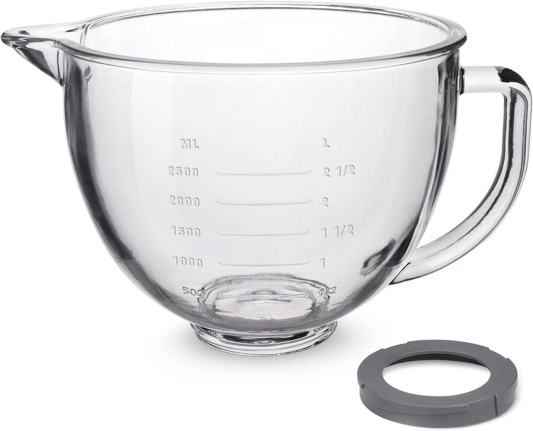 Glass Mixing Bowl 5 QT for KitchenAid 4.5 and 5 Quart Tilt-Head Stand Mixers, Fits Artisan KSM150, RRK150, KSM100, K45SS, KSM90, KSM95, K45, KSM110, 5KSM125 and More