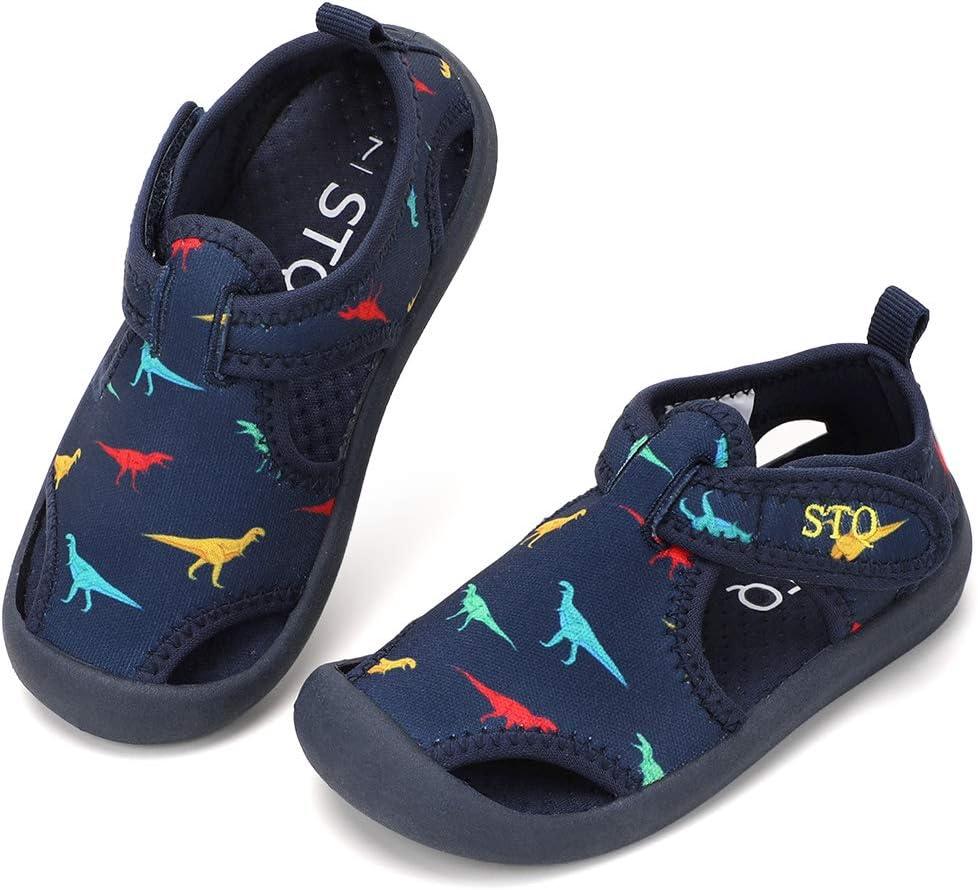 STQ Boys Girls Water Shoes Quick-Dry Slip on Beach Swim Pool Sandals(Toddler/Little Kid) (Navy/Dinosaur)
