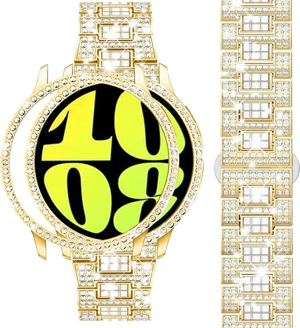 Dsytom Stylish Bands Compatible with Samsung Galaxy Watch 7/6 40mm 44mm, 20mm Bling Metal Replacement Galaxy Watch 7/6 Band 40mm 44mm with Rhinestone Protective Case for Women, Gold 