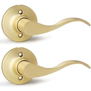 Bonpoly Brushed Gold Door Handles 2 Pack, Dummy Door Lever Interior, Satin Brass Door Knobs, Wave Door Handle for Closet or Pantry, Right Handing