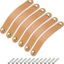 uxcell 6 Packs Leather Drawer Pulls, Double Hole Leather Drawer Knobs Furniture Dresser Handles Pulls with Screws for Dressers Drawers Closet Cupboard, Beige/Gold(Hole Spacing:128mm)