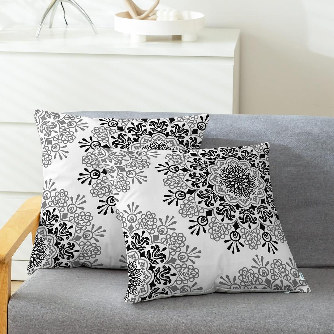 CaliTime Throw Pillow Cases Pack of 2 Cozy Fleece Asymmetrical Mandala Floral Compass Medallion Decorative Cushion Covers for Couch Bed Sofa Farmhouse Decoration 19 X 19 Inches Black Gray