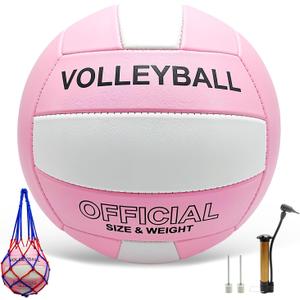 Volleyball Official Size 5 for Indoor Outdoor, Thicker PU Soft Volleyball Kit with Ball Pump for Adults Beach Game Gym Pool Training Play, Soft Touch (Pink White)