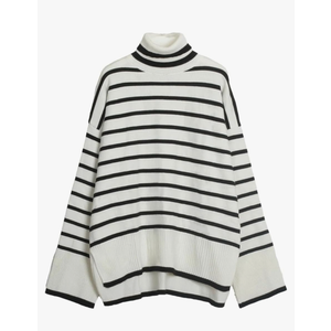 Women Basic Turtleneck Sweater Split Striped Pullovers Long Casual Tops Large