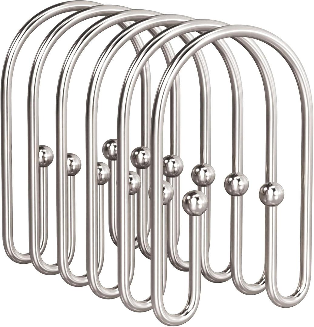 AmazerBath Shower Curtain Hooks, Nickel Shower Curtain Hooks Rust Proof, Non-Slip Simple Double Hook Shower Curtain Hooks for Shower Curtain, Sturdy Shower Curtain Rings, 12Pcs