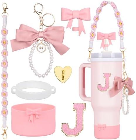 Rabrgab 7Pcs Pink Stanley Cup Accessories for 40Oz 30Oz 20Oz, Women Teen Girls Gifts, Stanley Tumbler Cup Decoration with Straw Topper, Bow Charm, Silicone Boot, Handle Strap, Letter Sticker J
