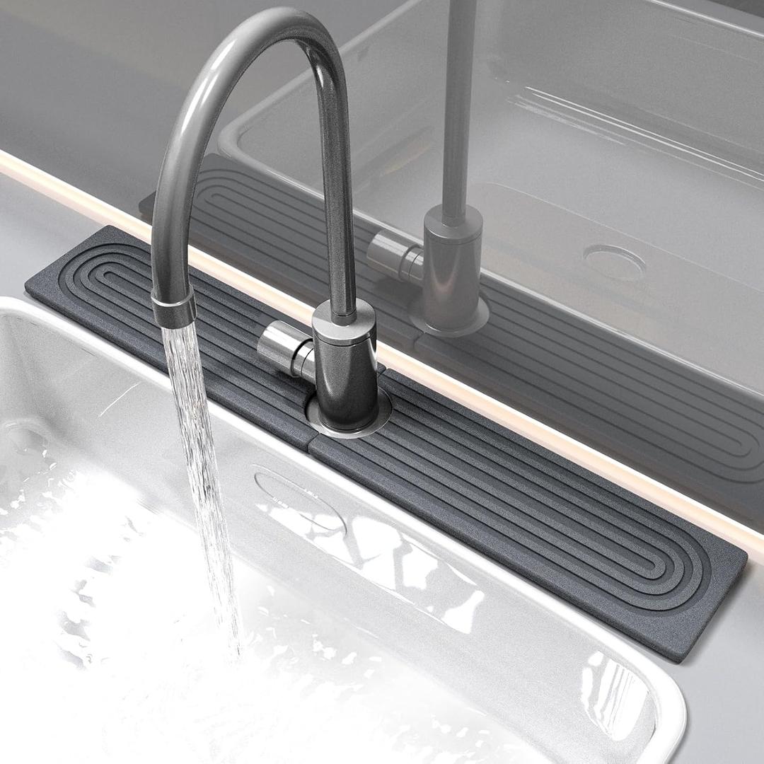 Stone Faucet Mat for Kitchen Sink, 23.6 Inch Quick Dry Sink Stone with Anti-Slip Pads - Adjustable Diatomite Splash Guard Tray for Kitchen Sink Faucet, Dark Gray 2-Piece Set