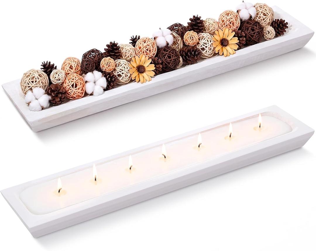 Sawysine 30" X 6.5" Wooden Dough Bowl Candle Tray, Vintage White, Rectangle