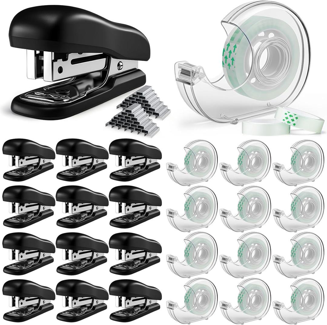 24 Pack Mini Desk Staplers Tape Dispensers Sets Black Staplers Bulk with 12 Boxes Staples Invisible Tape and Refillable Dispensers Bulk Hand Held Desk Supplies for Office Home School