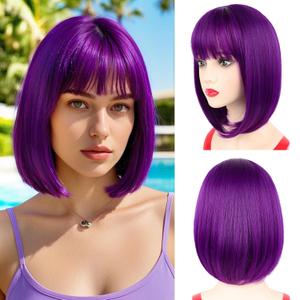 NOTICEME 14 Inch Purple Bob Wig with Bangs, Short Straight Synthetic Heat Resistant Wigs for Women with Adjustable Straps & Wig Cap for Party Cosplay Daily Use