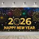 2026 Happy New Year Banner, 72x44 Inches - Golden Fabric New Year Backdrop for New Year's Eve Celebration