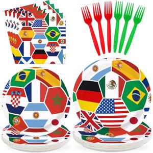 96Pcs International World Flags Party Decoration Soccer World Flags Plates and Napkins Football Theme Disposable Tableware Set for Soccer Sports Events Festival Party Supplies Serves 24